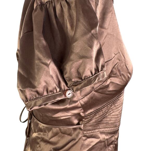 iZ Byer California Brown Satin Blouse – Y2K Empire Waist Puff Sleeve Top Medium - Picture 4 of 14